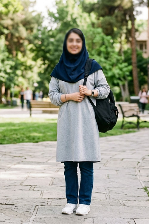 شومیز اسپرت رنگ طوسی روشن با شلوار جین راسته سرمهای رنگ