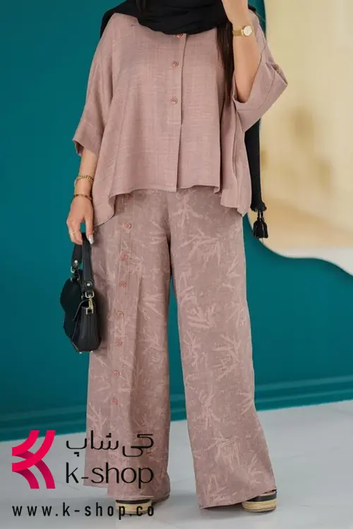 ست شومیز و شلوار دکمه دار آستین سه ربع صورتی