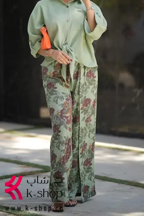 ست شومیز و شلوار مجلسی سبز گره دار با شلوار طرح گل