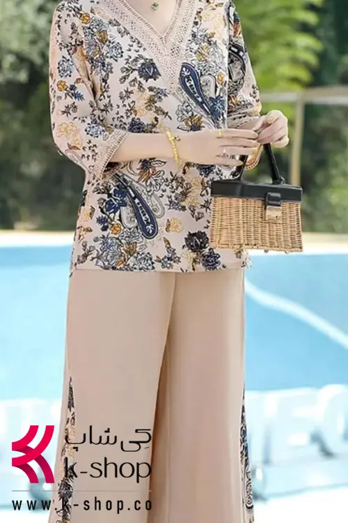 ست شومیز و شلوار مجلسی طرح ترمه یقه هفت کرم