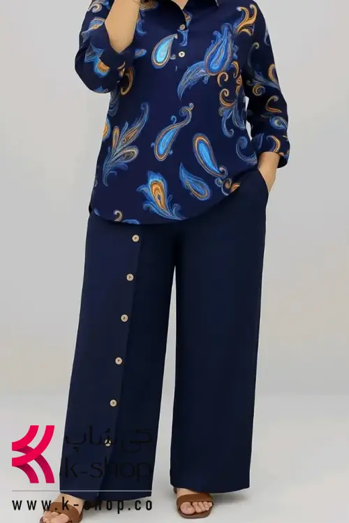 ست شومیز و شلوار طرح ترمه دکمه دار سرمه ای