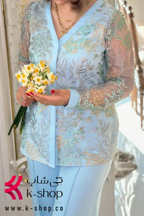 ست شومیز و شلوار مجلسی یقه هفت آبی رنگ توری با طرح برگ
