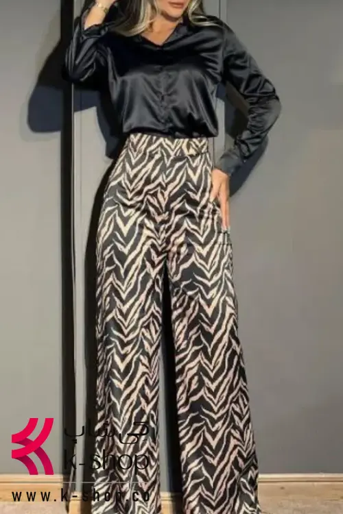 ست شومیز و شلوار مجلسی حریر مشکی با شلوار ببری