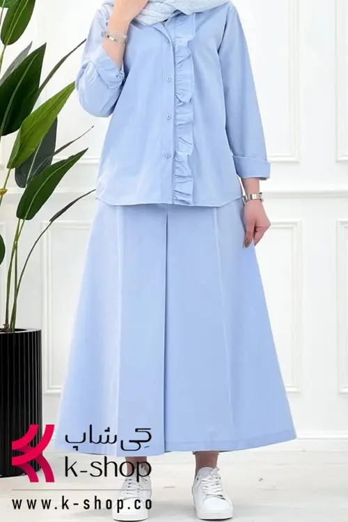 ست شومیز و شلوار آبی رنگ دکمه دار و چین دار
