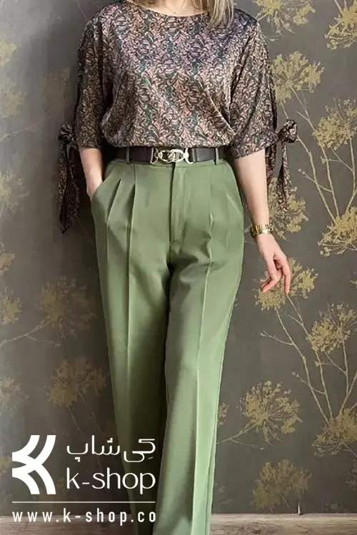 ست شومیز و شلوار مجلسی یقه گرد نیم آستین با شلوار سبز