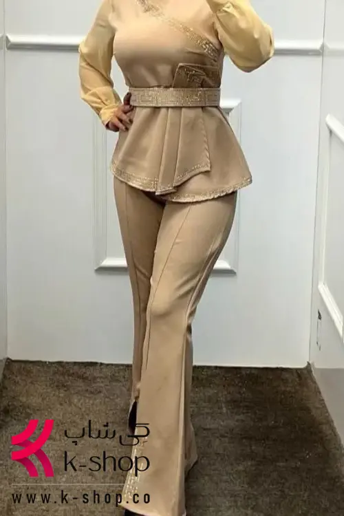 ست شومیز و شلوار مجلسی کرم با کمربند پارچه ای