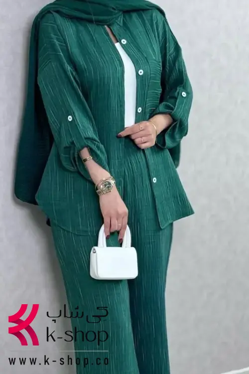 ست شومیز و شلوار سبز تیره دکمه دار