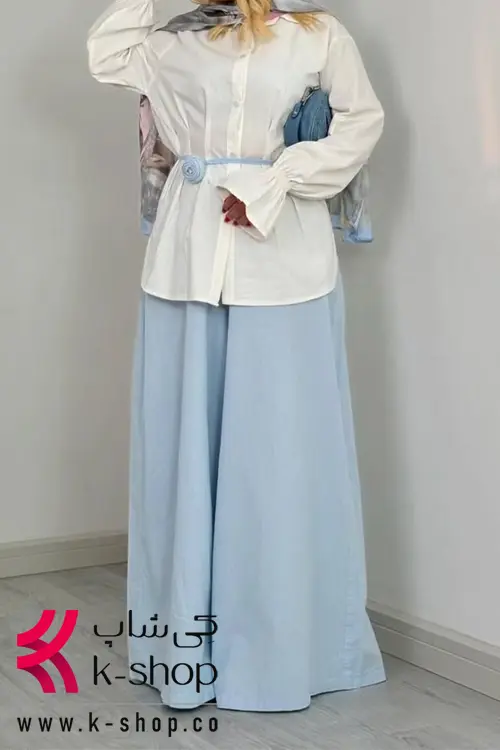 ست شومیز و شلوار کرم آبی با آستین کلوش و کمربند پارچه ای