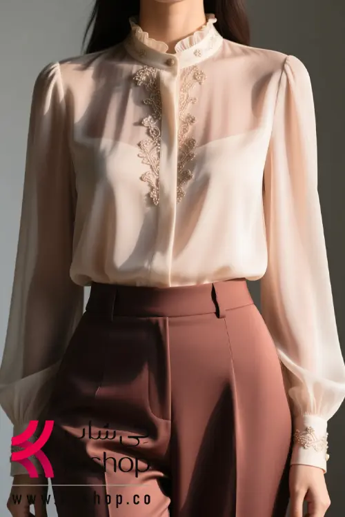 ست شومیز و شلوار مجلسی کرم توری با شلوار قهوه ای