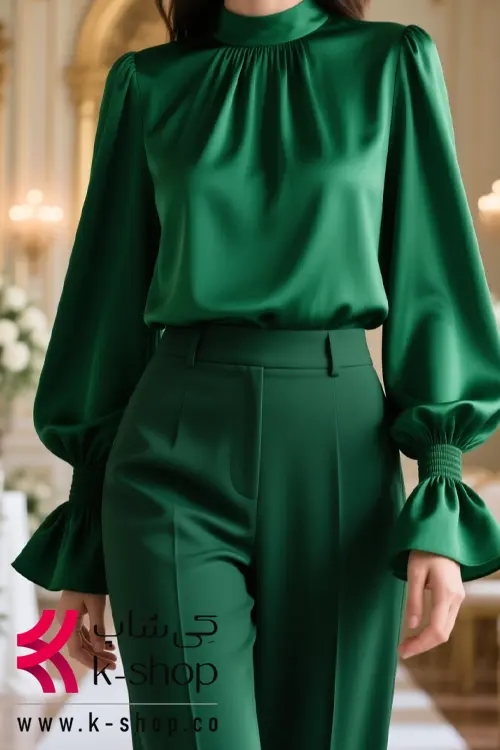 ست شومیز و شلوار مجلسی ساتن سبز تیره با یقه بسته