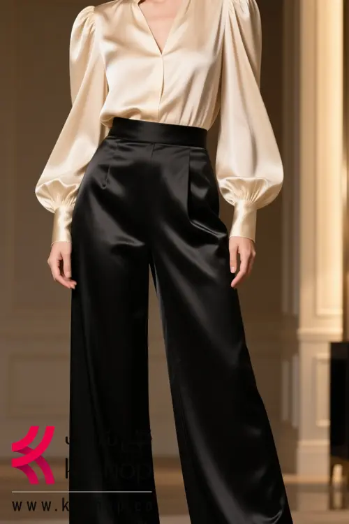 ست شومیز و شلوار مجلسی ساتن کرم مشکی با یقه هفت