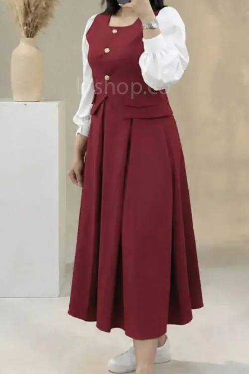 ست جلیقه و دامن بلند زنانه زرشکی