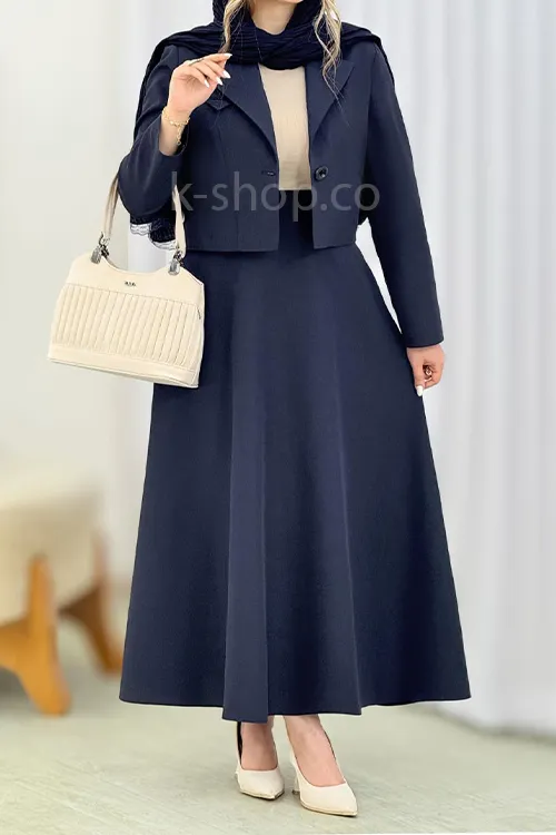 ست کت با دامن کلوش رنگ سرمه ای