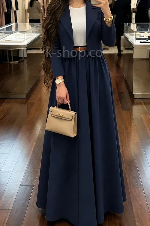 ست کت یقه انگلیسی با دامن پلیسه ای رنگ سرمه ای