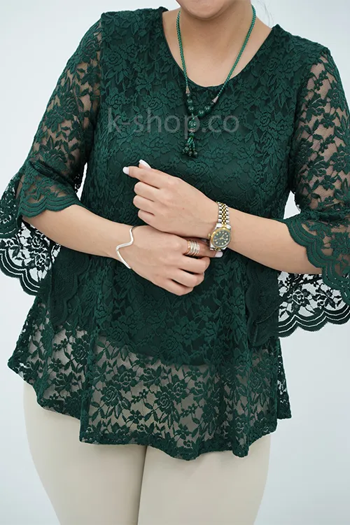 بلوز گیپور دار مجلسی یقه گرد سبز