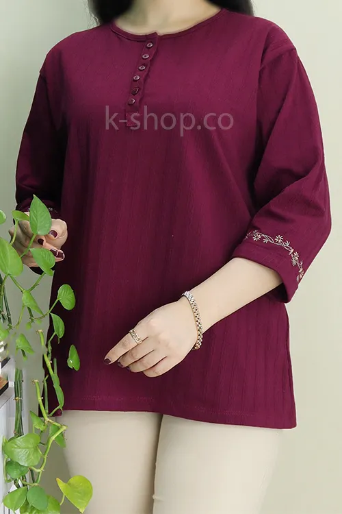 بلوز مجلسی یقه گرد آستین سه ربع زرشکی