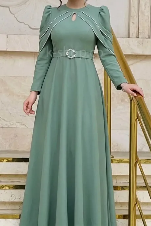 پیراهن زنانه مجلسی شیک کمربند دار رنگ سبز