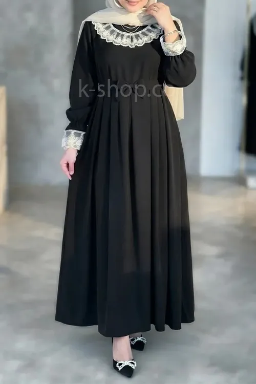 پیراهن مجلسی زنانه مشکی با گیپور سفید