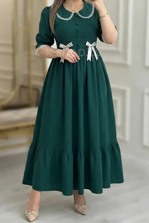 پیراهن یقه گرد زنانه شیک آستین سه ربع چین دار