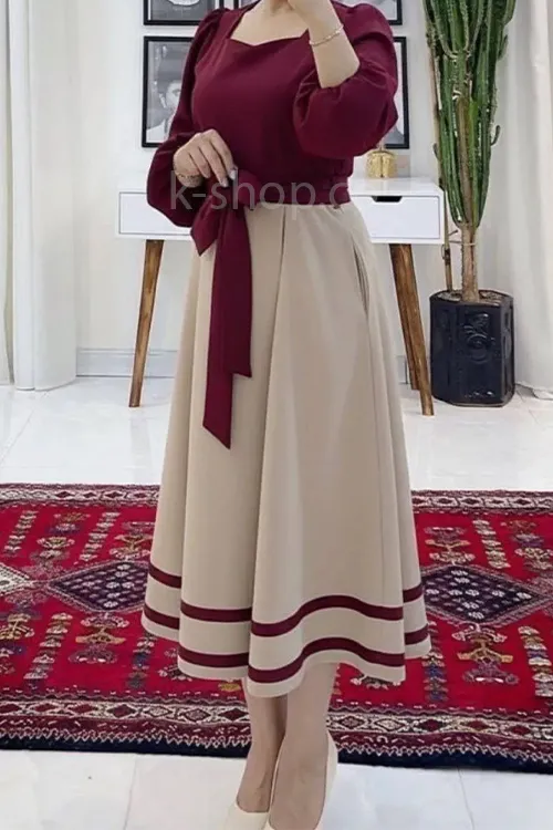 پیراهن آستین پفی زنانه با کمربند پارچه ای