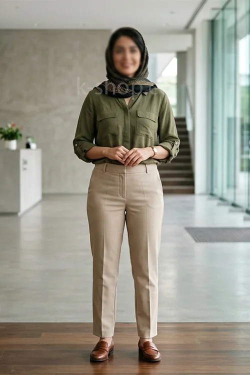 شومیز زنانه دو جیب رنگ سبز زیتونی