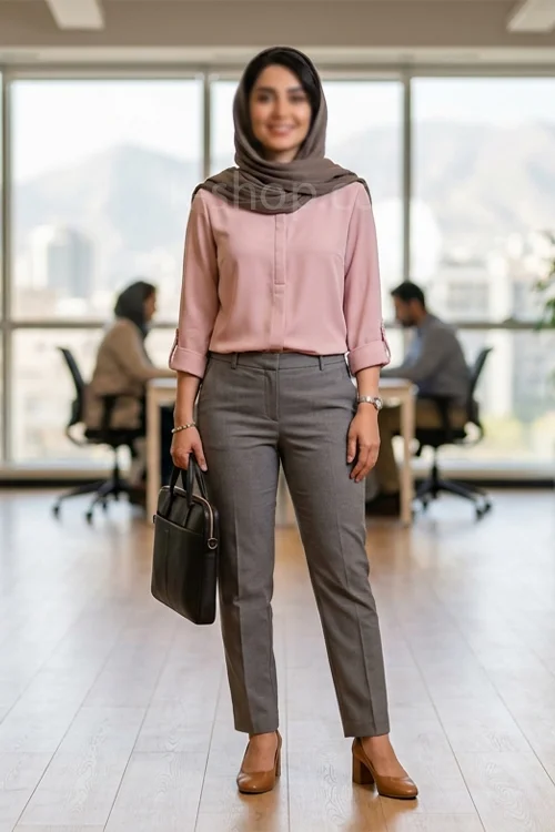 ست شومیز صورتی با شلوار پارچه ای خاکستری 