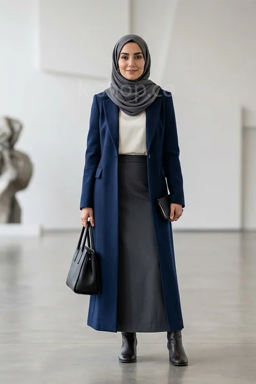 ست دامن زنانه طوسی بلند با کت بلند سرمه ای