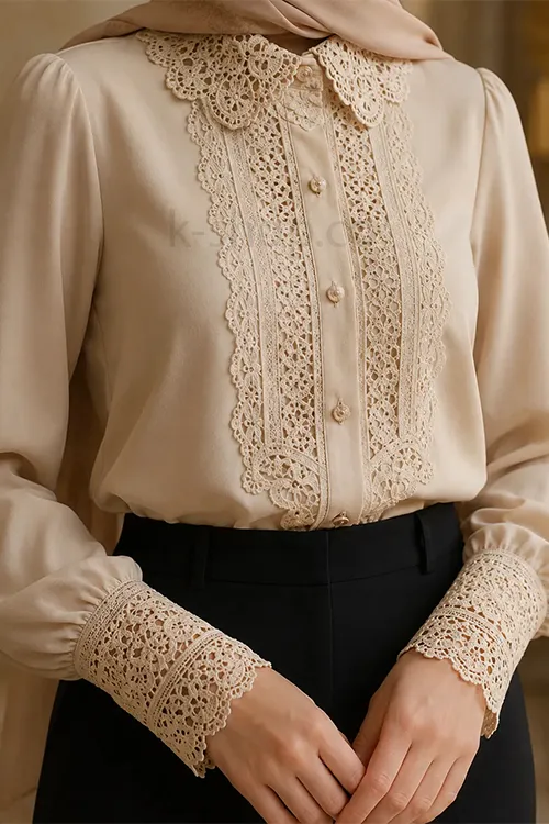 شومیز گیپور دار رنگ بژ