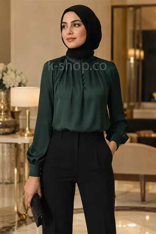 شومیز ساده یقه بسته رنگ سبز تیره