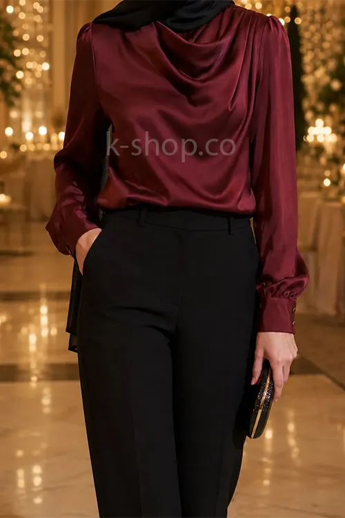 شومیز ساتن زرشکی آستین بلند