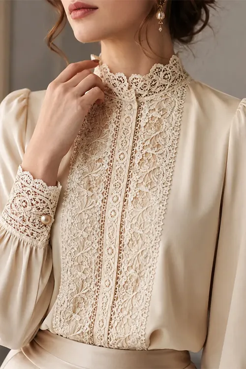شومیز گیپور دار رنگ بژ