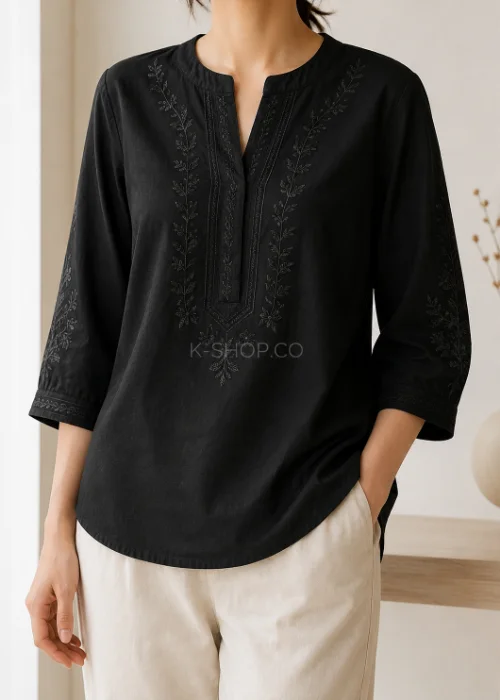 شومیز گلدوزی شده مشکی آستین سه ربع