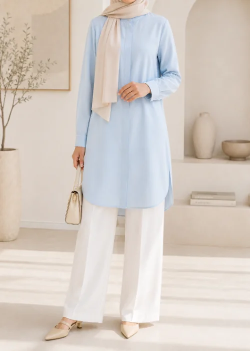 شومیز بلند ساده چاکدار رنگ آبی روشن