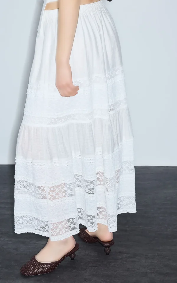 دامن زنانه ماکسی ترکیبی سفید توری IPEKYOL کد IS1260004117 - Image 4