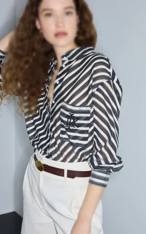 شومیز زنانه راه‌راه مشکی کرم با جیب سینه IPEKYOL کد IS1260025262 - Image 3