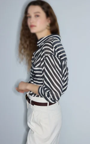 شومیز زنانه راه‌راه مشکی کرم با جیب سینه IPEKYOL کد IS1260025262 - Image 4