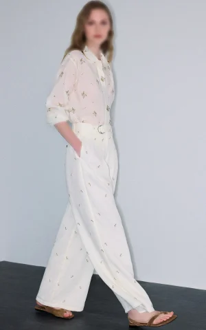 شلوار زنانه کرم گلدوزی‌دار بگ کمربنددار IPEKYOL کد IS1260003390 - Image 3