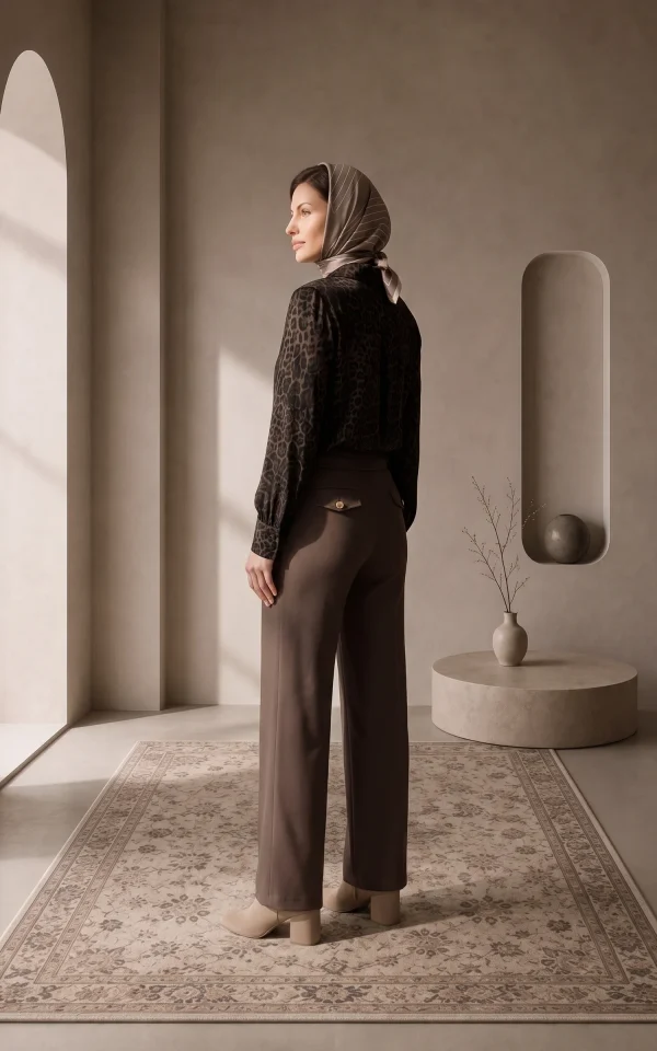 شلوار زنانه قهوه‌ای گشاد کمر دکمه‌دار طلایی nevado کد 405123111711 - Image 3