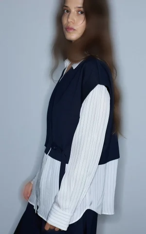 شومیز زنانه راه‌راه با رویه سرمه‌ای کمربنددار IPEKYOL با کد IW6260148011 - تصویر 5