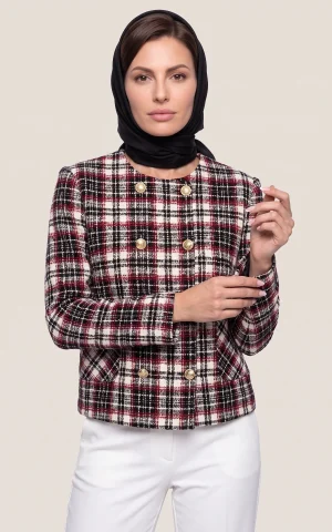 کت تک زنانه چهارخانه قرمز مشکی یقه گرد دکمه‌دار آستین بلند nevado کد 404013111560 - تصویر 2