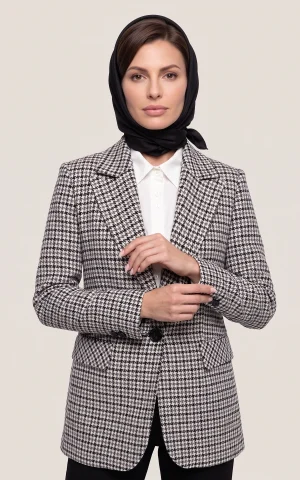 کت تک زنانه چهارخانه ریز مشکی سفید یقه انگلیسی تک دکمه nevado کد 404018011603 - تصویر 2