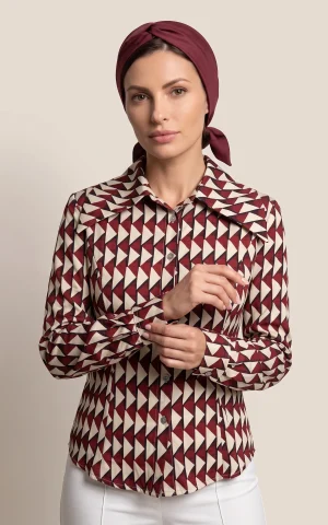 شومیز زنانه طرح‌دار زرشکی کرم یقه برگردان nevado کد 404112441838 - تصویر 2