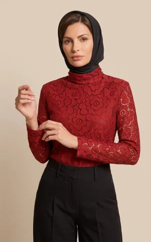 بلوز زنانه زرشکی گیپور یقه ایستاده آستین بلند nevado کد 405012351919 - تصویر 2