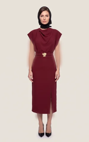 پیراهن زنانه میدی یقه دراپه کمربنددار چاک‌دار nevado کد 405014191876 - تصویر 4