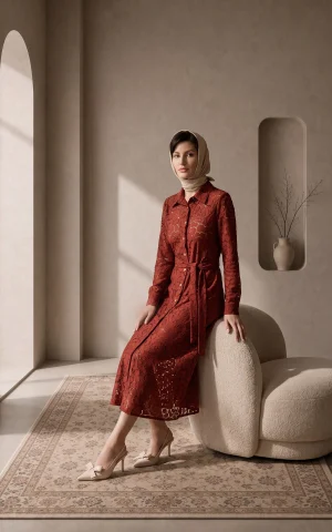 پیراهن زنانه میدی گیپور کمربنددار دکمه‌ای nevado کد 405014261919 - تصویر 3