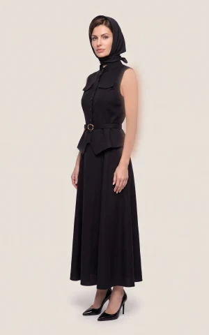پیراهن زنانه بلند بدون آستین یقه برگردان کمربنددار دکمه‌دار nevado کد 405014551642 - تصویر 2