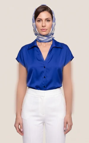 شومیز زنانه آبی کاربنی یقه برگردان دکمه‌دار آستین کوتاه nevado کد 405112281879 - تصویر 2