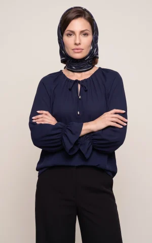 بلوز زنانه سرمه‌ای آستین بلند یقه بنددار با مچ چین‌دار nevado کد 405112331873 - تصویر 2