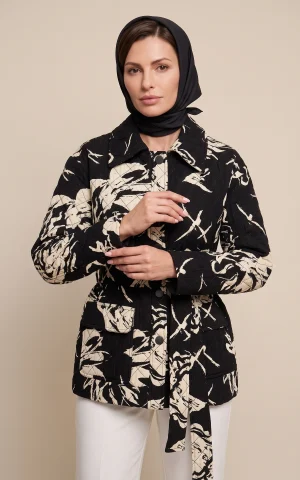 کاپشن زنانه مشکی طرح‌دار گل‌دار یقه برگردان کمربنددار آستین بلند nevado کد 405113282066 - تصویر 2