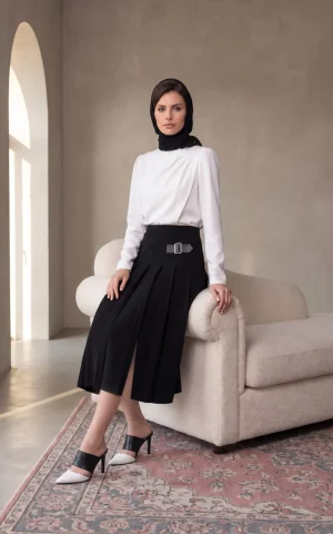 دامن زنانه مشکی پلیسه بلند با بند سگک‌دار تزئینی nevado کد 405115061915 - تصویر 3